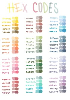 the color chart for hex code is shown in blue, green, yellow and pink