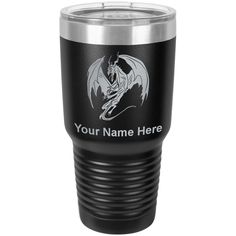 a black and silver tumbler cup with a dragon on the side that says your name here