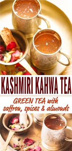 two cups of green tea with saffron spices and almonds on the side