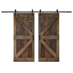 two wooden doors with metal bars on them