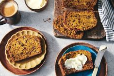 slices of banana bread on plates with butter and coffee