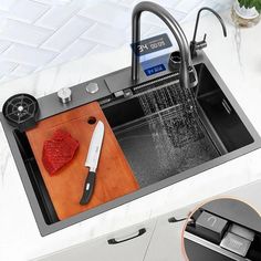 a kitchen sink with a cutting board and knife