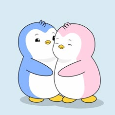 two cartoon penguins hugging each other on a blue background