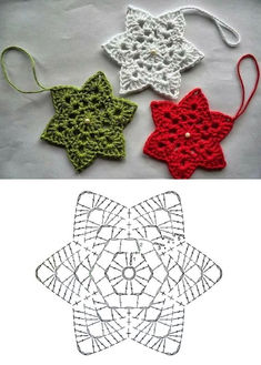 three crocheted star ornaments are shown in different colors and sizes, one is red, the other is green