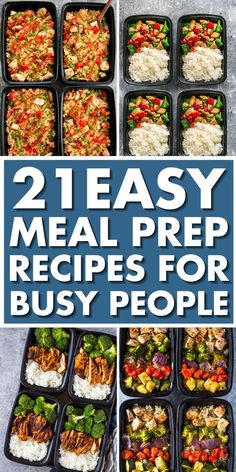 two meals in plastic trays with the words, 2 easy meal prep recipes for busy people