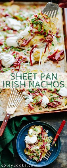 there is a plate with food on it and the words sheet pan irish nachos