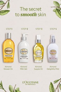 Achieve soft and luscious skin in just 4 steps thanks to L'OCCITANE's Almond Collection L'occitane Aesthetic, Loccitane Aesthetic, Loccitane Almond, Best Shower Routine, Good Skin Care Products, Best Body Cream, Shower Care, Skin Care Basics