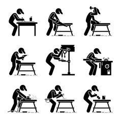 black and white silhouettes of people working on different types of workbench designs