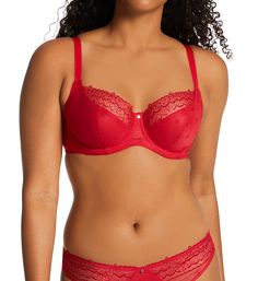 Balconette bra is semi-sheer mesh with a small blossom pattern on underwire cups and sides. Flattering, scalloped neckline has stretch floral lace. Picot trim outlines the edges for an elegant touch.  Multipart, unpadded underwire cups have mesh lining. Upper cup is stretch floral lace. Angled and vertical cup seams shape and support your breasts. Small blossoms are embroidered into semi-sheer mesh cups and sides. Flattering neckline has scalloped edges. Narrow, arched center panel has silverton Fitted Bra With Lace Trim And Sweetheart Neckline, Fitted Lace Bra With Lace Trim, Fitted Bra With Lace Closure And Sweetheart Neckline, Fitted Lace Bra Partially Lined, Fitted Feminine Lace Bra, Fitted Underwire Bra With Lace Closure, Fitted Lace Bra In Coquette Style, Fitted Lace Underwire Bra, Fitted Full Cup Bra With Lace Closure