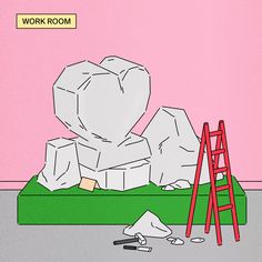 there is a ladder next to a pile of garbage and a pink wall with the words work room on it