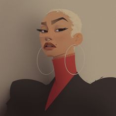 a digital painting of a woman with white hair and hoop earrings on her head, looking to the side