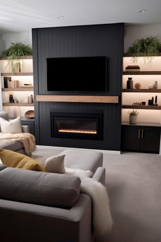 40+ Modern Shiplap Fireplace Designs for a Sleek Home Family Room Tv Wall Ideas Fireplaces, Tv Fireplace Built In Bookshelves, Media Wall Shiplap, Linear Fireplace Ideas With Tv, Shiplap Fireplace Basement, Tv Bump Out Wall No Fireplace, Fireplace Insert Design, Dark Fireplace Tv Wall, Tv With Fireplace Underneath Modern