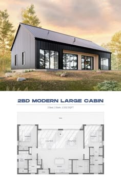 Design with FRANK's 2-Bedroom Modern Cabin with black wood siding exterior. Floor plan is below Chalet Modern, Metal Building House Plans, Modern Barn House, Cabin House Plans, Boat House, Bedroom Style