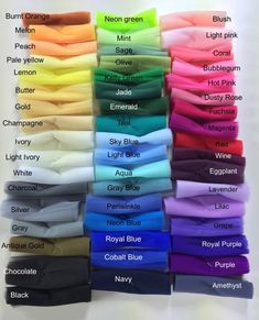 many colors of t - shirts are shown in this image, with the names on them