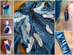 several pictures of different pieces of clothing with feathers on them and the bottom part of each piece being sewn