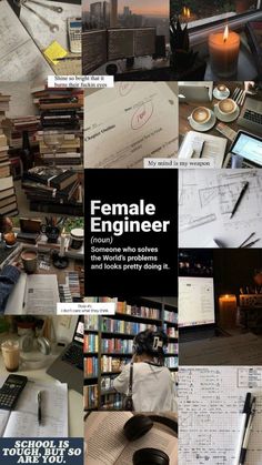 the cover of female engineer magazine with pictures of books, papers and candles on it