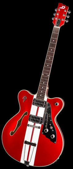 an electric guitar with red and white stripes on the body, in front of a black background