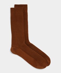 Meet the perfect every day sock. Made in Italy from a breathable stretch cotton, they absorb moisture well. The plush waffle texture provides just enough cushioning while still being lightweight, and ribbing keeps them in place on your ankle.97% Cotton, 3% SpandexRibbed TopMedium: Size 8-10Large: Size 11-13Made in ItalyStyle AC183 0188 Todd Snyder, Saddle Brown, Stretch Cotton, Saddle, Waffles, Every Day, In Italy, Socks, Italy