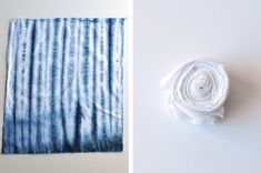 two pictures side by side, one with blue and white dye on it the other has a rolled up piece of fabric