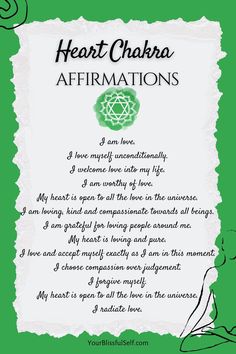 50 powerful affirmations to open and balance your heart chakra. Find some inspiration and grab your FREE chakra printable posters, reference charts, and cheat sheets. All this to give you a loving support on your spiritual journey ❤️☺️ Chakra Healing Music, Heart Chakra Healing, Powerful Affirmations, Reference Chart