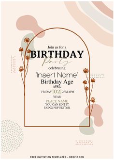 a birthday party card with an arch and flowers on the front, in pink tones