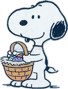 a snoopy holding a basket with an easter egg in it