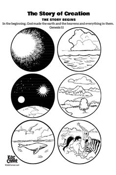 the story of creation worksheet with four different pictures and text on it, including two