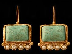 Artisan-crafted ancient jewelry replica. 24K gold-plated brass, inset with Turquoise and Pearls. Pins are alpaka silver. Art Jewelry Earrings, Unique Handmade Earrings, Historical Jewellery, Bronze Earrings, Silver Earrings Handmade, Turkish Jewelry, Earrings Inspiration, Ancient Jewelry, Classic Jewelry