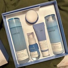 Super Good Products Toner Emulsion Serum Face Wash Moisturizer Laneige Cream Skin Toner, Laneige Face Cream, Laneige Face Wash, Laneige Water Bank Moisture Cream, Blue Skincare Packaging, Laneige Water Sleeping Mask, Laneige Lip Sleeping Mask, Skin Essentials, Firming Cream