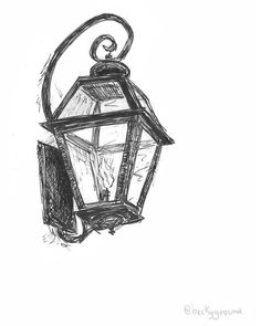 a black and white drawing of a lantern on a wall with the light turned off