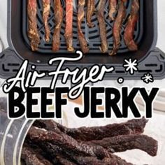 the cover of air fryer beef jeky is shown in front of some ribs