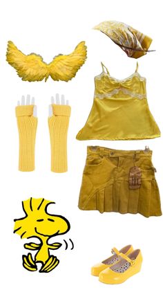 yellow clothes and accessories are arranged on a white background