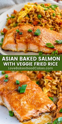 This Asian-Baked Salmon with Veggie Fried Rice recipe is perfect for weeknights! This quick and flavorful dish is done in about 30 minutes! Asian Baked Salmon, Veggie Fried Rice Recipe, Salmon Fried Rice, Veggie Fried Rice, Baked Salmon Recipes, Salmon Dishes, Fried Rice Recipe, Baked Salmon