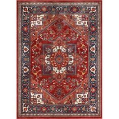 a red and blue rug with an intricate design on the center, in front of a white background