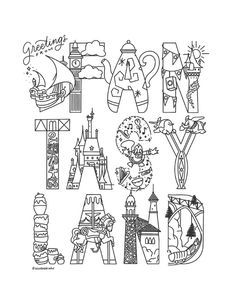 the word disney written in doodled letters with images of characters and their names on them