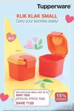 an advertisement for tupperware with two small containers and one large container on the side