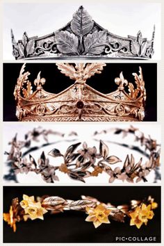 four different tiaras with flowers and leaves on the top one is gold, the other is silver