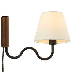 a wall light with a white shade on it's side and a wooden arm