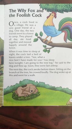 the book is open to show an image of a rooster and a dog on a tree branch