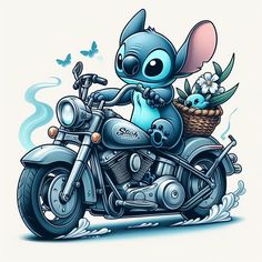 a cartoon character riding on the back of a motorcycle with a basket full of flowers