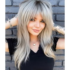 Long Layered Wigs Flattering Hairstyle Wigs Shiny Blonde Wigs with Deep Roots Wigs for Caucasian Women For Daily Party Christmas Party Wigs 2024 - $22.99 Straight Hairstyles Medium, Shag Hairstyles, Long Hair With Bangs, Long Blonde, Long Blonde Hair, Haircuts With Bangs, Long Hair Cuts, Layered Hair, Hairstyles With Bangs