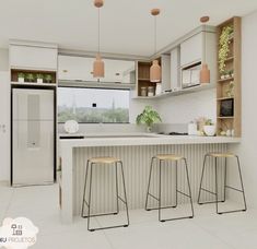 three stools are in front of the kitchen counter and bar with plants on it