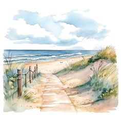 a watercolor painting of a path to the beach