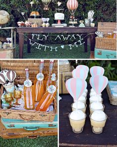 an outdoor party with hot air balloons, candy bar and desserts on the table