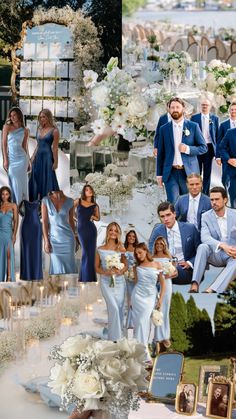 a collage of people dressed in blue and white posing for pictures with their wedding party