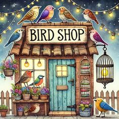 a bird shop with birds on the front door and lights hanging from the roof above it