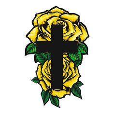 a cross and yellow rose tattoo design