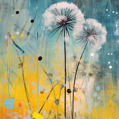 an abstract painting with dandelions in the foreground