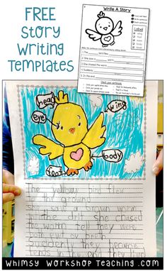 a child's hand holding up a paper with the words free story writing templates