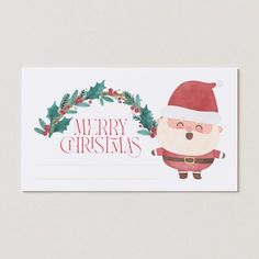 a christmas card with a santa clause holding a holly wreath and the words merry christmas on it